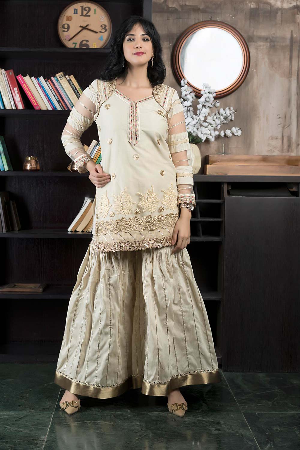 Beige Embroidered Net Straight Cut Kurti