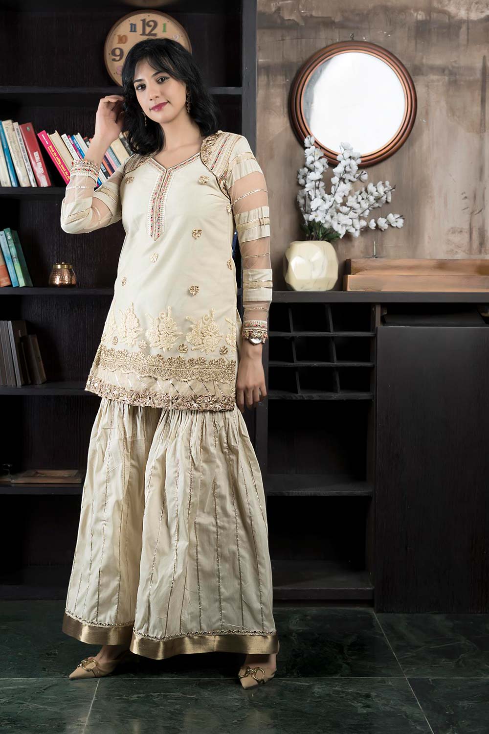 Beige Embroidered Net Straight Cut Kurti