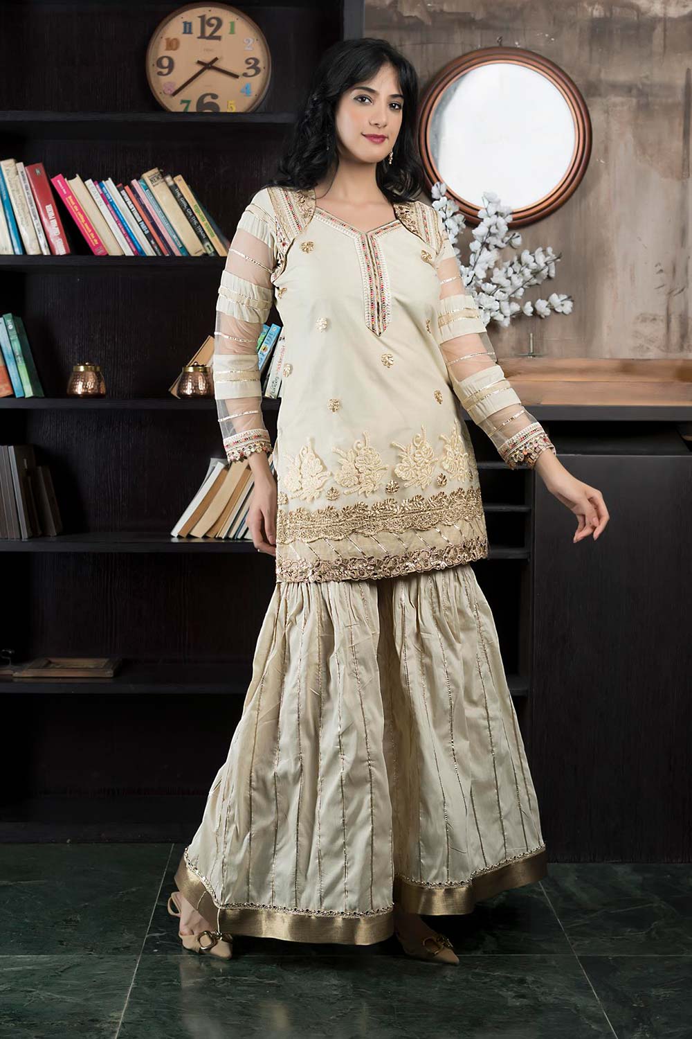 Beige Embroidered Net Straight Cut Kurta