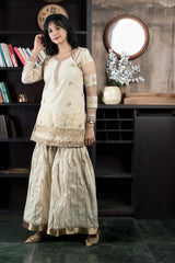 Beige Embroidered Net Straight Cut Kurta Sharara Set