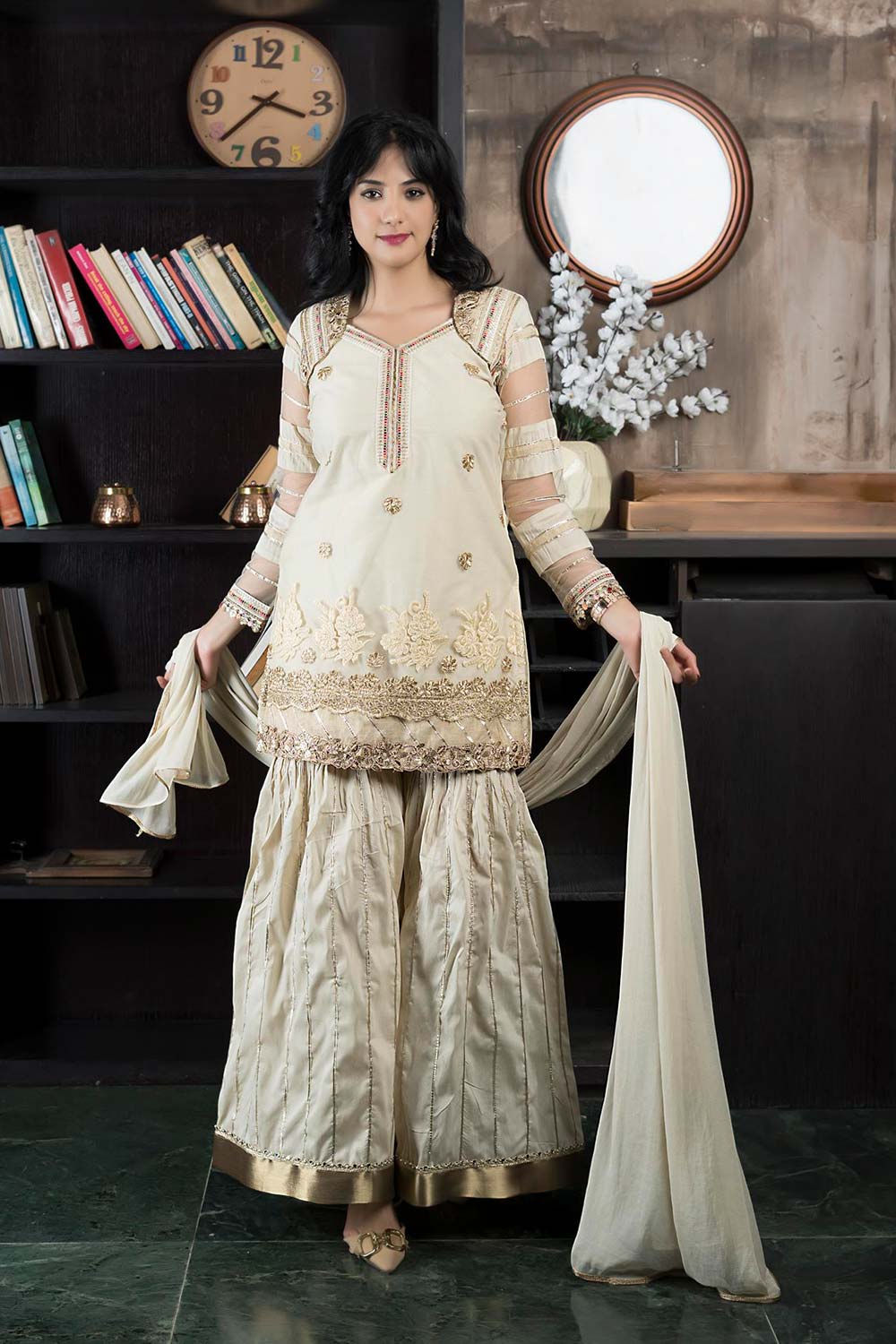 Beige Net Stitched Straight Cut Sharara Kurta Dupatta Readymade Suits