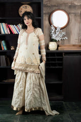 Beige Net Stitched Straight Cut Sharara Kurta Dupatta Readymade Suits