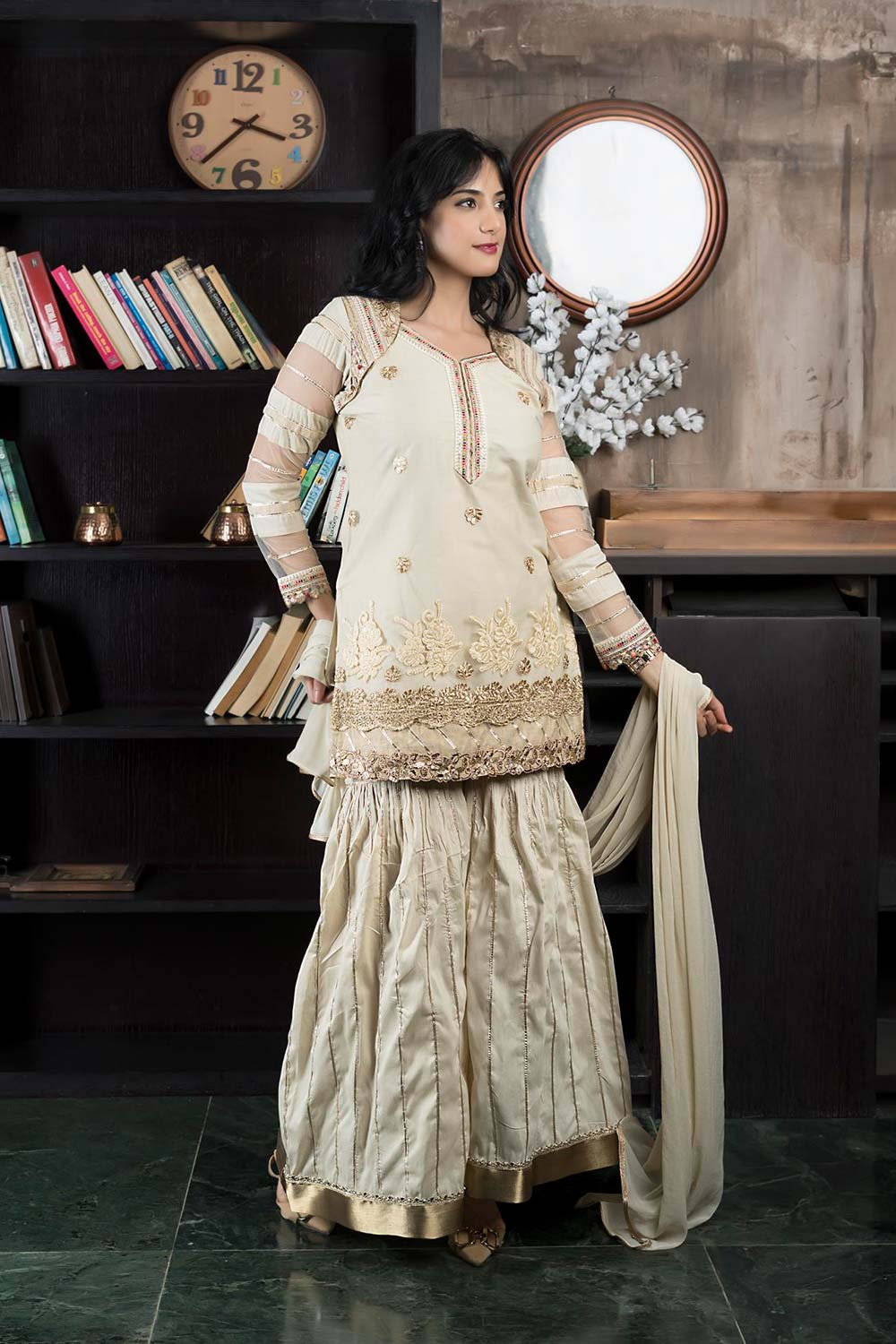 Beige Net Stitched Straight Cut Sharara Kurta Dupatta Readymade Suits