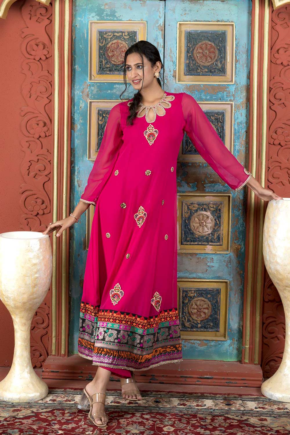 Pink Embroidered Georgette Anarkali Kurti Palazzo Set