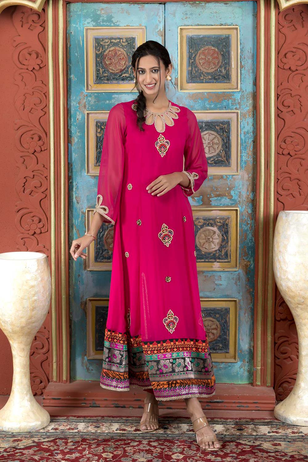 Pink Embroidered Georgette Anarkali Kurti Palazzo Set