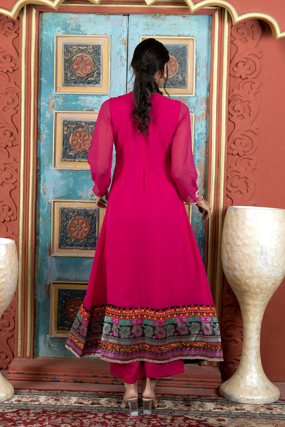 Pink Embroidered Georgette Anarkali Kurta Palazzo Set