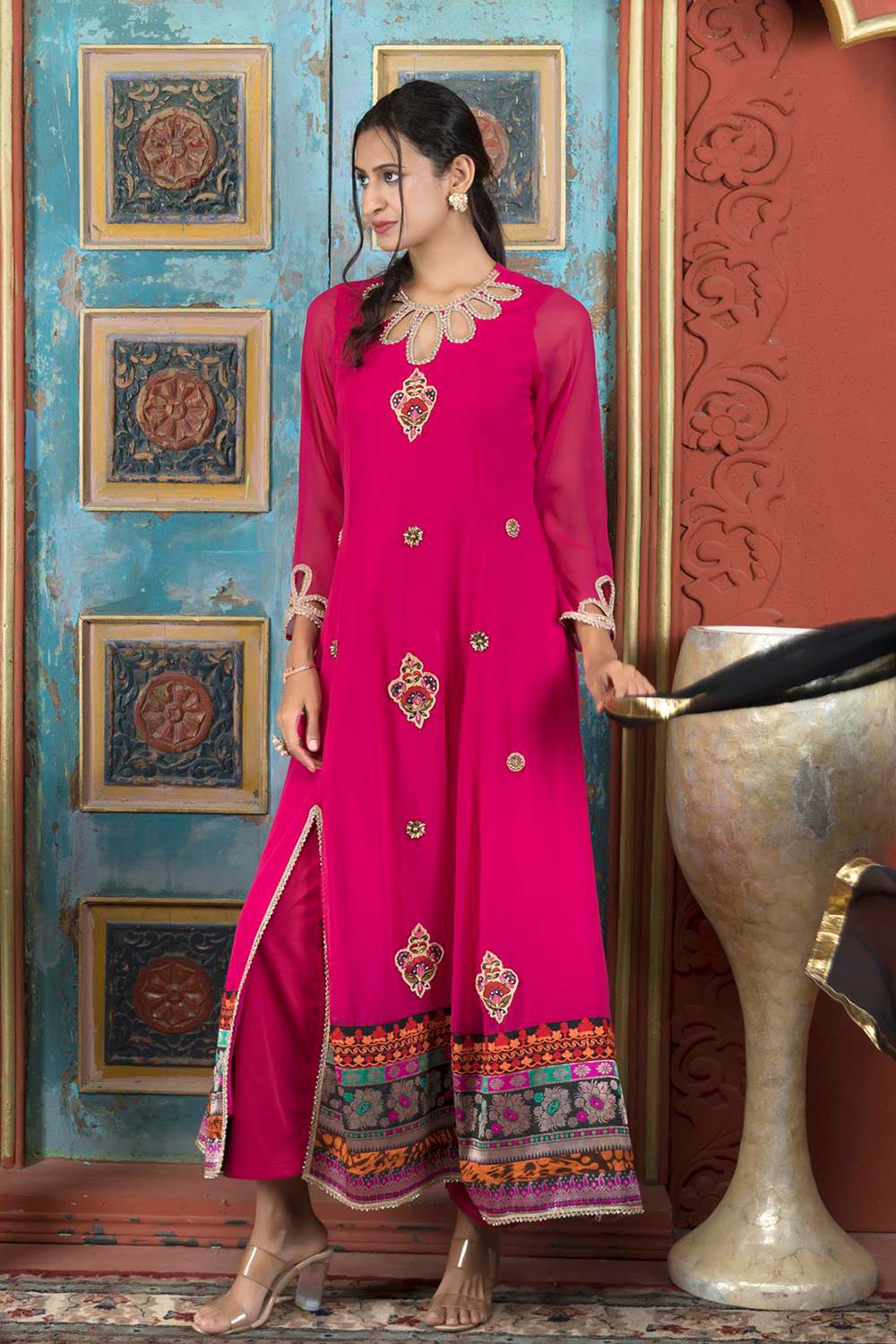 Pink Embroidered Georgette Stitched Palazzo Kurta With Dupatta