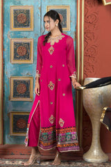 Pink Embroidered Georgette Stitched Palazzo Kurti With Dupatta