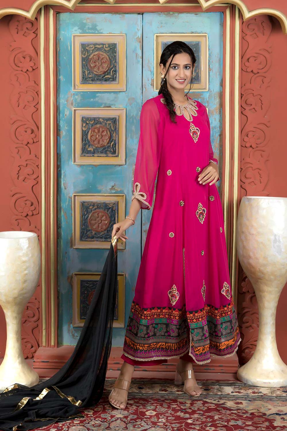 Pink Embroidered Georgette Stitched Palazzo Kurti With Dupatta