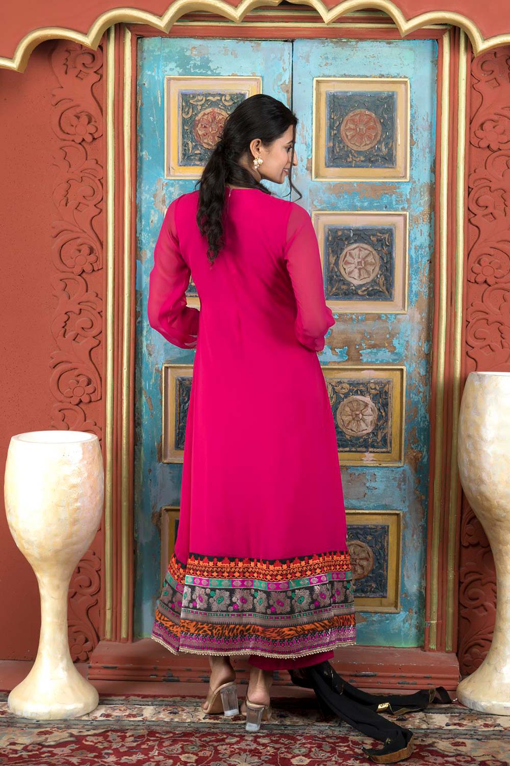 Pink Embroidered Georgette Stitched Palazzo Kurta With Dupatta