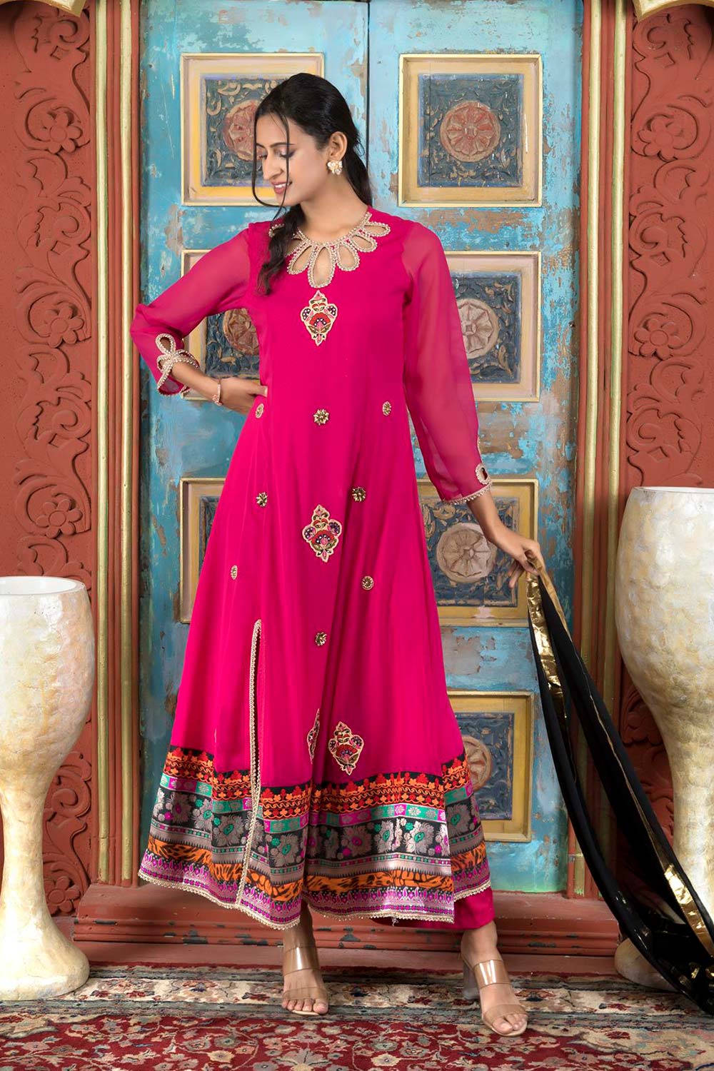 Pink Embroidered Georgette Stitched Palazzo Kurti With Dupatta