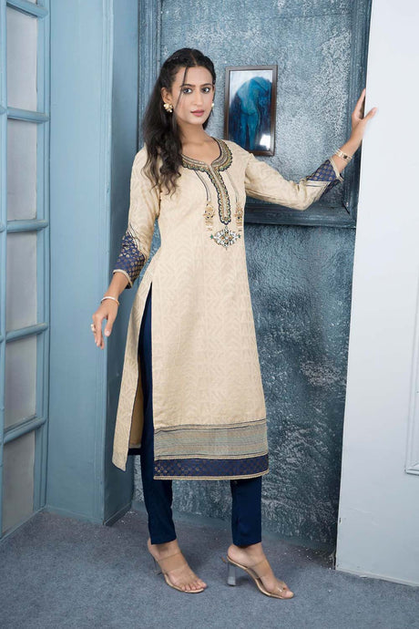 Beige Embroidered Silk Straight Cut Kurta Kurta Pants Set