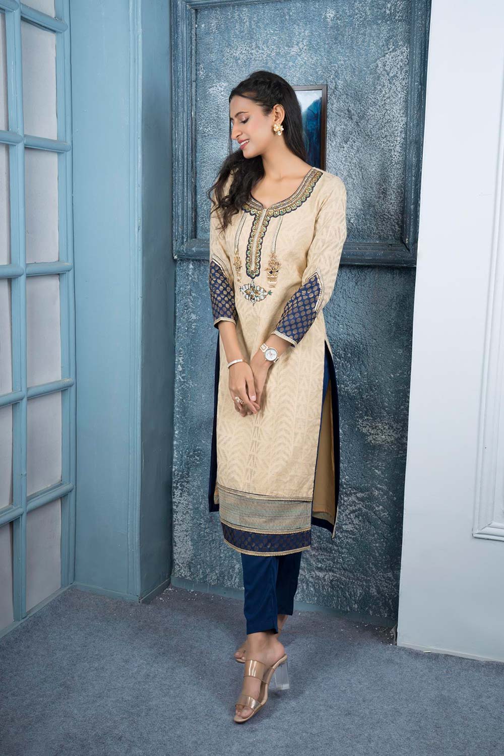 Beige Embroidered Silk Straight Cut Kurta Kurta Pants Set