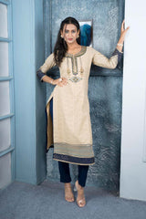 Beige Embroidered Silk Straight Cut Kurta Kurta Pants Set