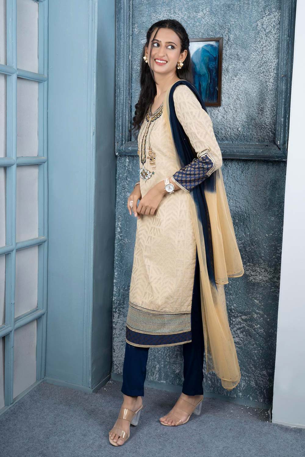 Beige Embroidered Silk Stitched Trouser Kurta With Dupatta