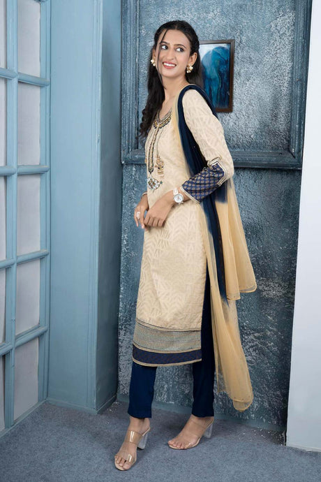 Beige Embroidered Silk Stitched Trouser Kurti With Dupatta