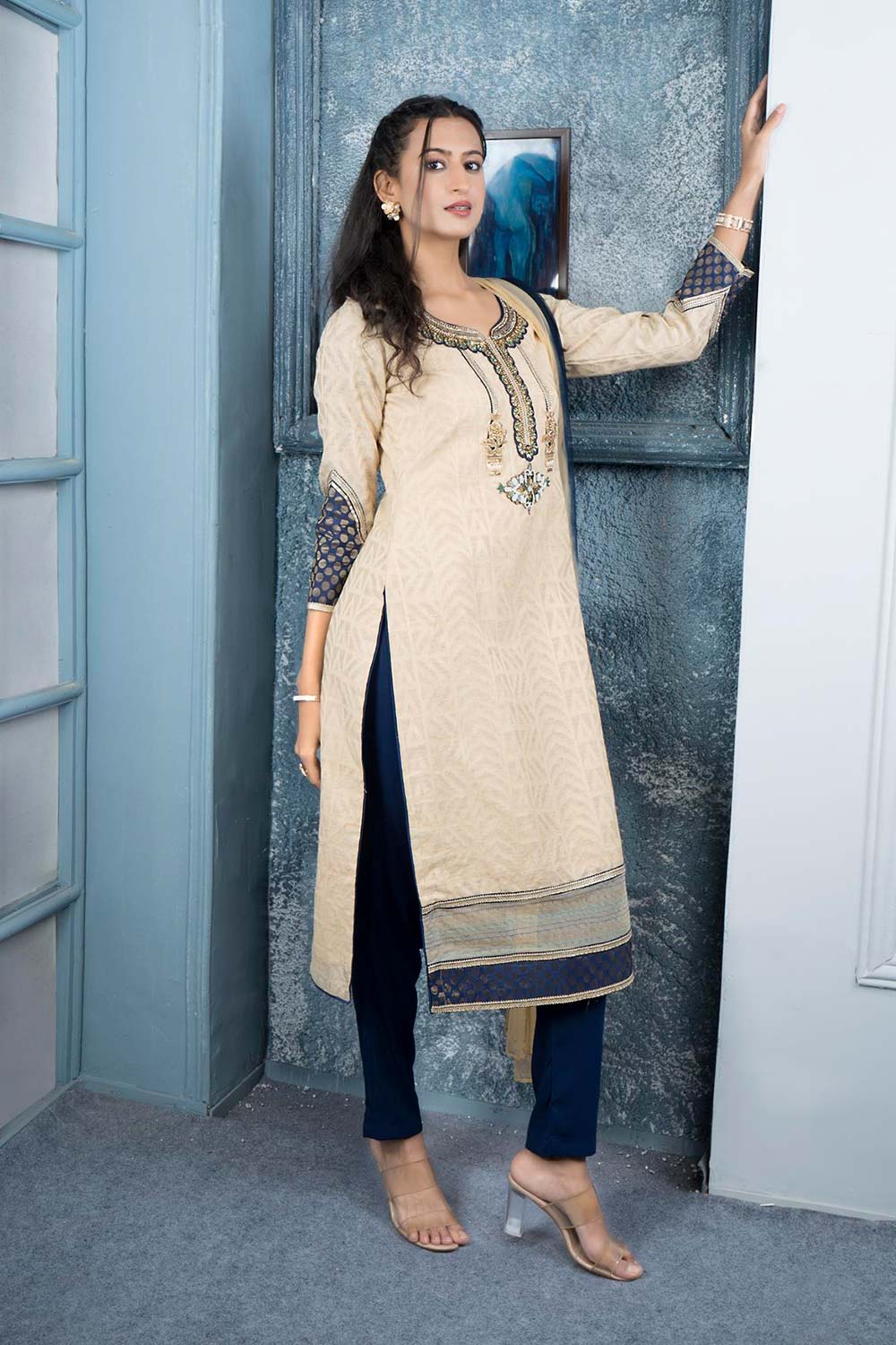 Beige Embroidered Silk Stitched Trouser Kurti With Dupatta