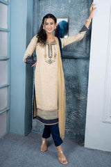 Beige Embroidered Silk Stitched Trouser Kurta With Dupatta