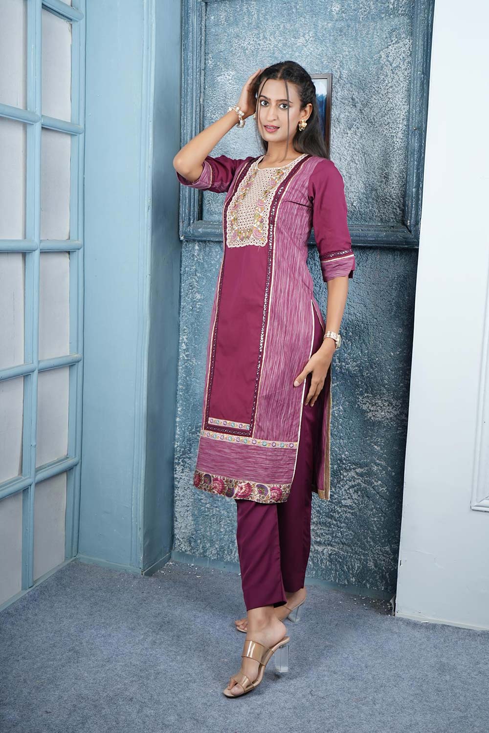 Maroon Embroidered Silk Straight Cut Kurti Pant Set