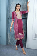 Maroon Embroidered Silk Straight Cut Kurti Pant Set