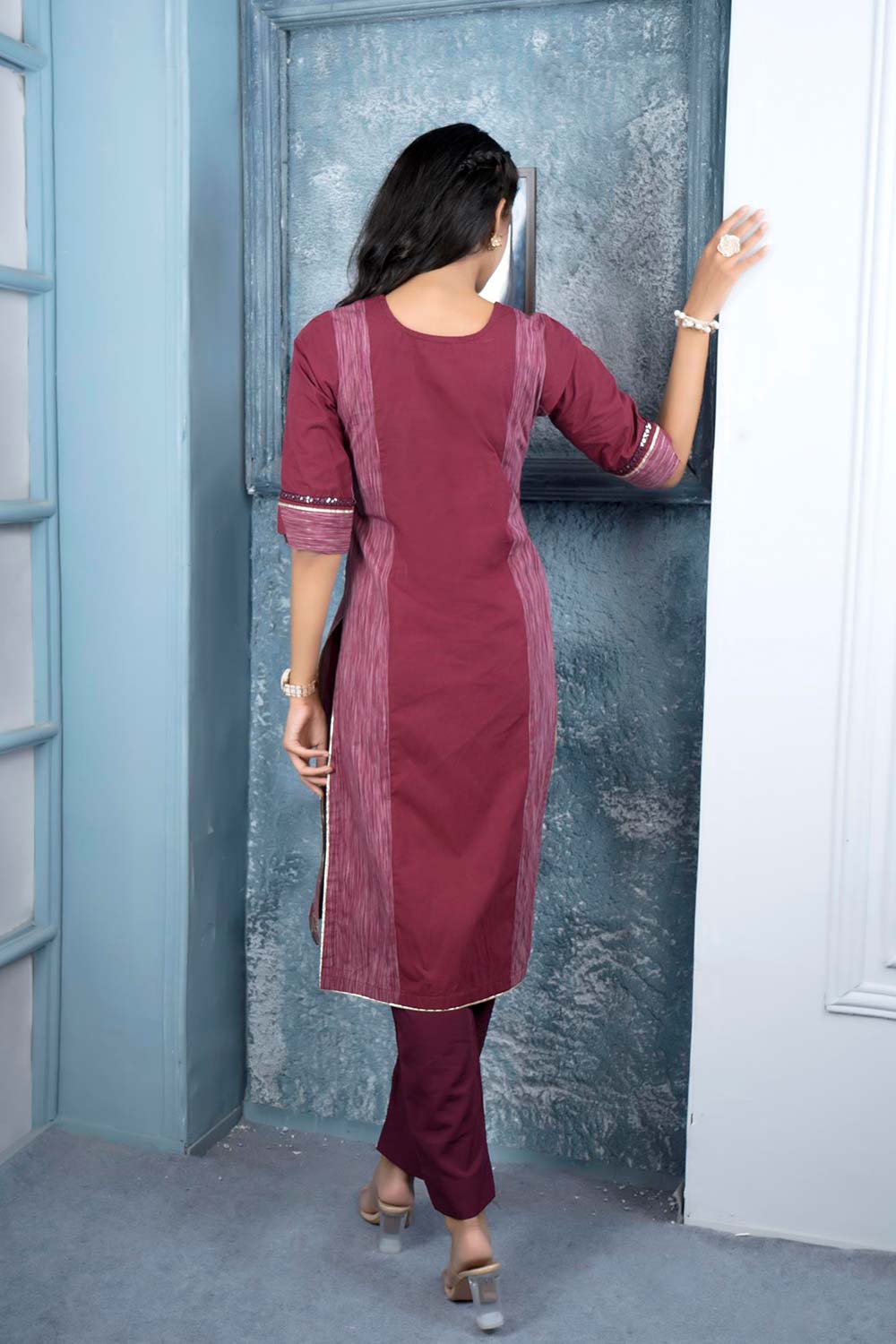 Maroon Embroidered Silk Straight Cut Kurti Pant Set