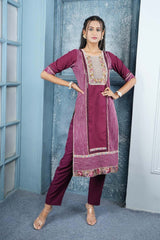 Maroon Embroidered Silk Straight Cut Kurta Pants Set