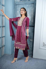 Maroon Embroidered Silk Stitched Trouser Kurta With Dupatta