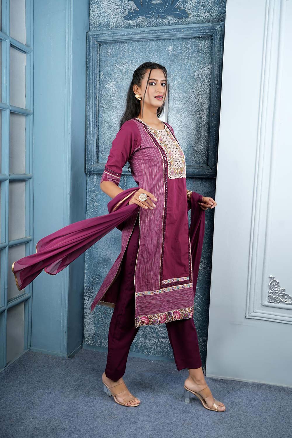 Maroon Embroidered Silk Stitched Trouser Kurti With Dupatta