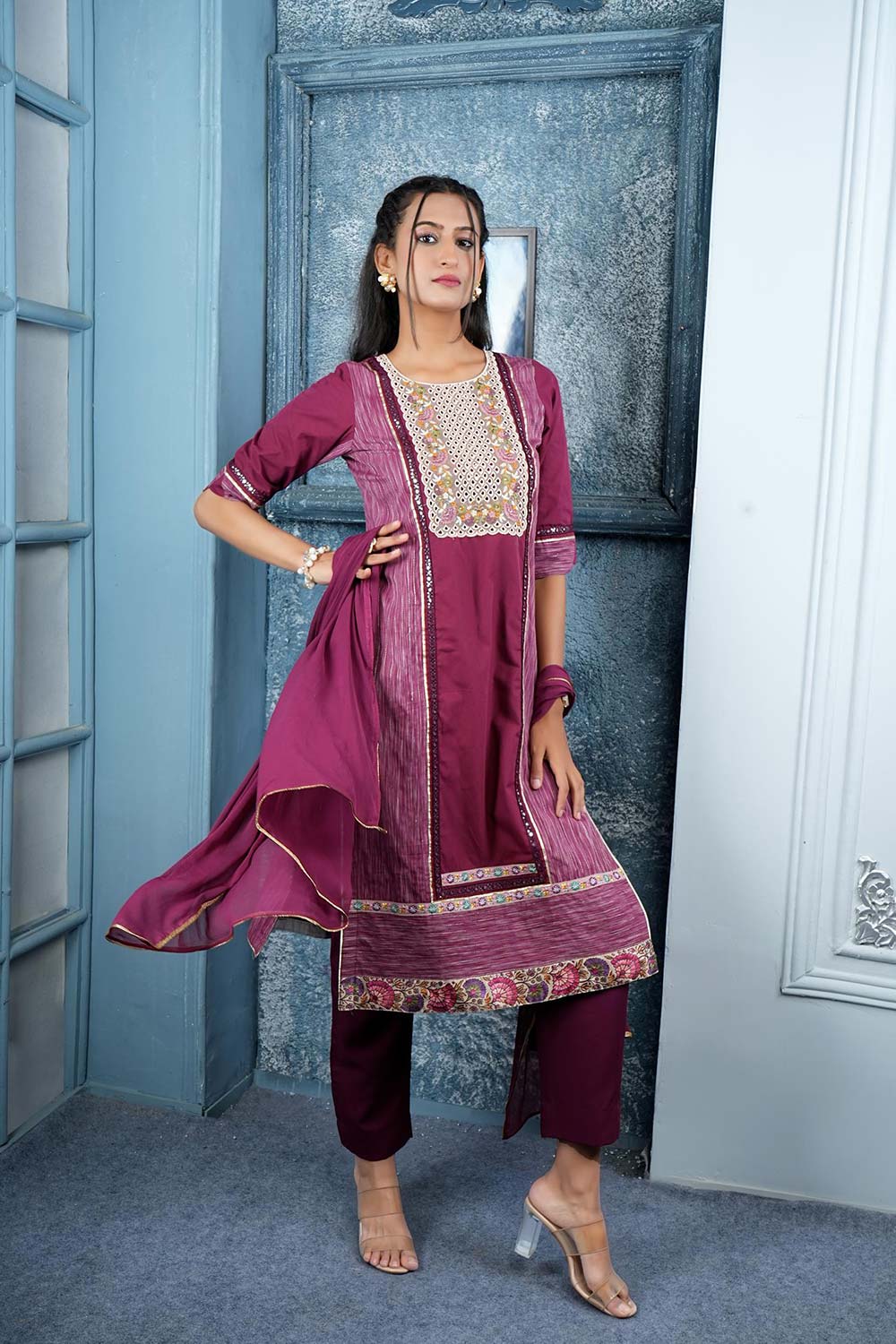 Maroon Embroidered Silk Stitched Trouser Kurti With Dupatta