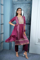 Maroon Embroidered Silk Stitched Trouser Kurta With Dupatta