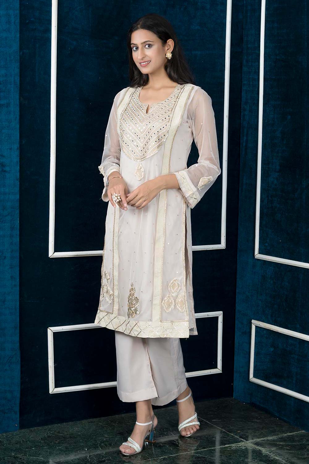 Beige Embroidered Net Straight Cut Kurta Palazzo Set