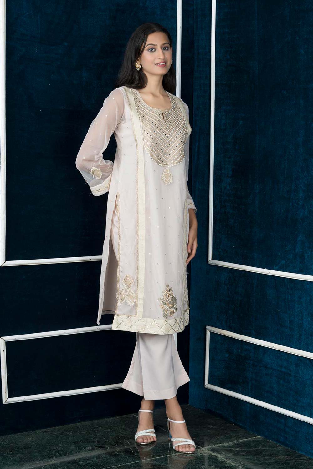 Beige Embroidered Net Straight Cut Kurta Palazzo Set