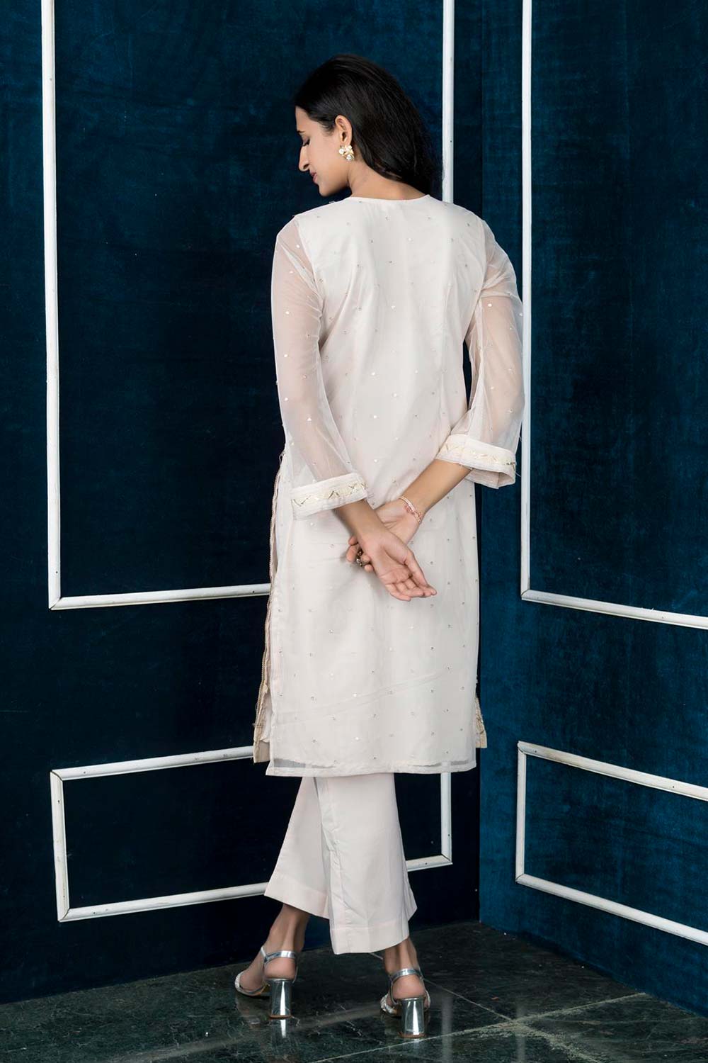 Beige Embroidered Net Straight Cut Kurta Palazzo Set