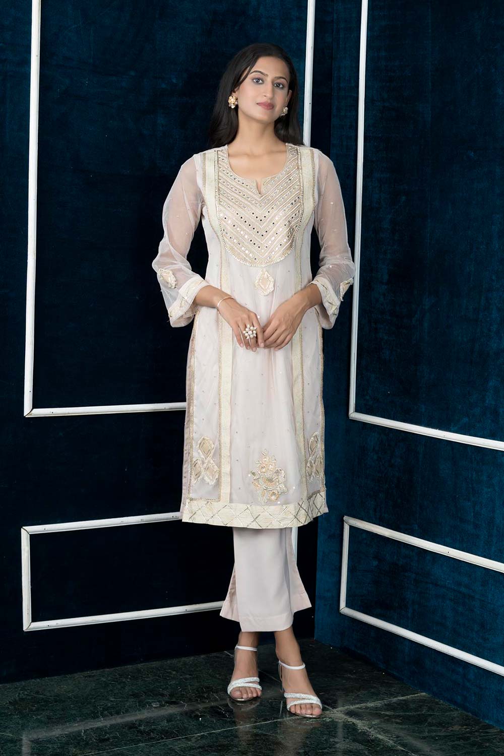 Beige Embroidered Net Straight Cut Kurti Palazzo Set