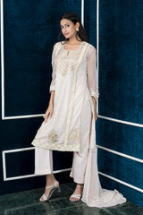 Beige Embroidered Net Stitched Palazzo Kurti With Dupatta