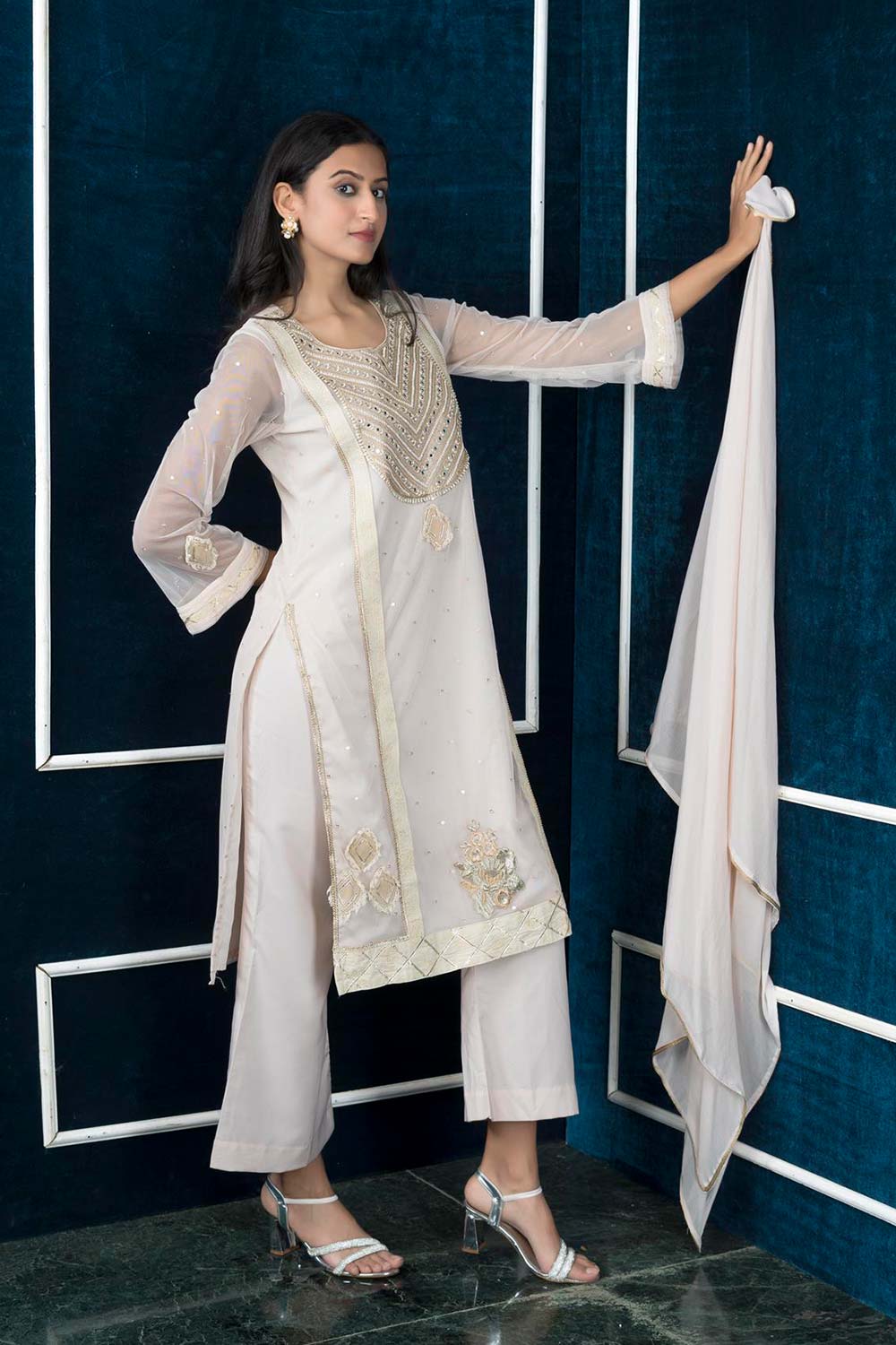 Beige Embroidered Net Stitched Palazzo Kurta With Dupatta