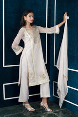 Beige Embroidered Net Stitched Palazzo Kurti With Dupatta