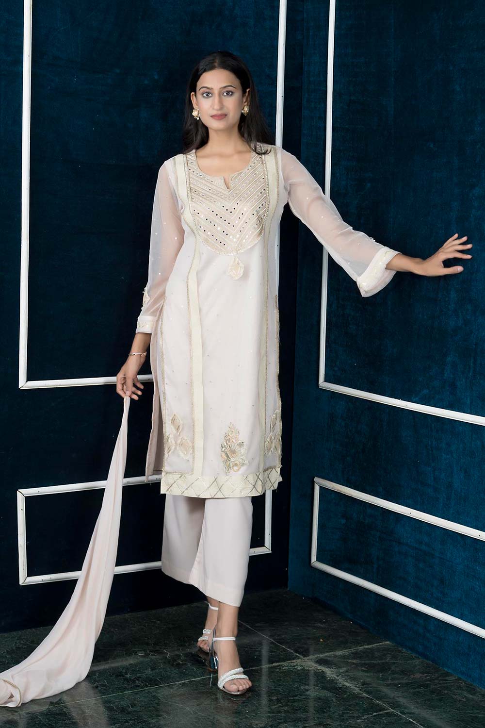 Beige Embroidered Net Stitched Palazzo Kurta With Dupatta