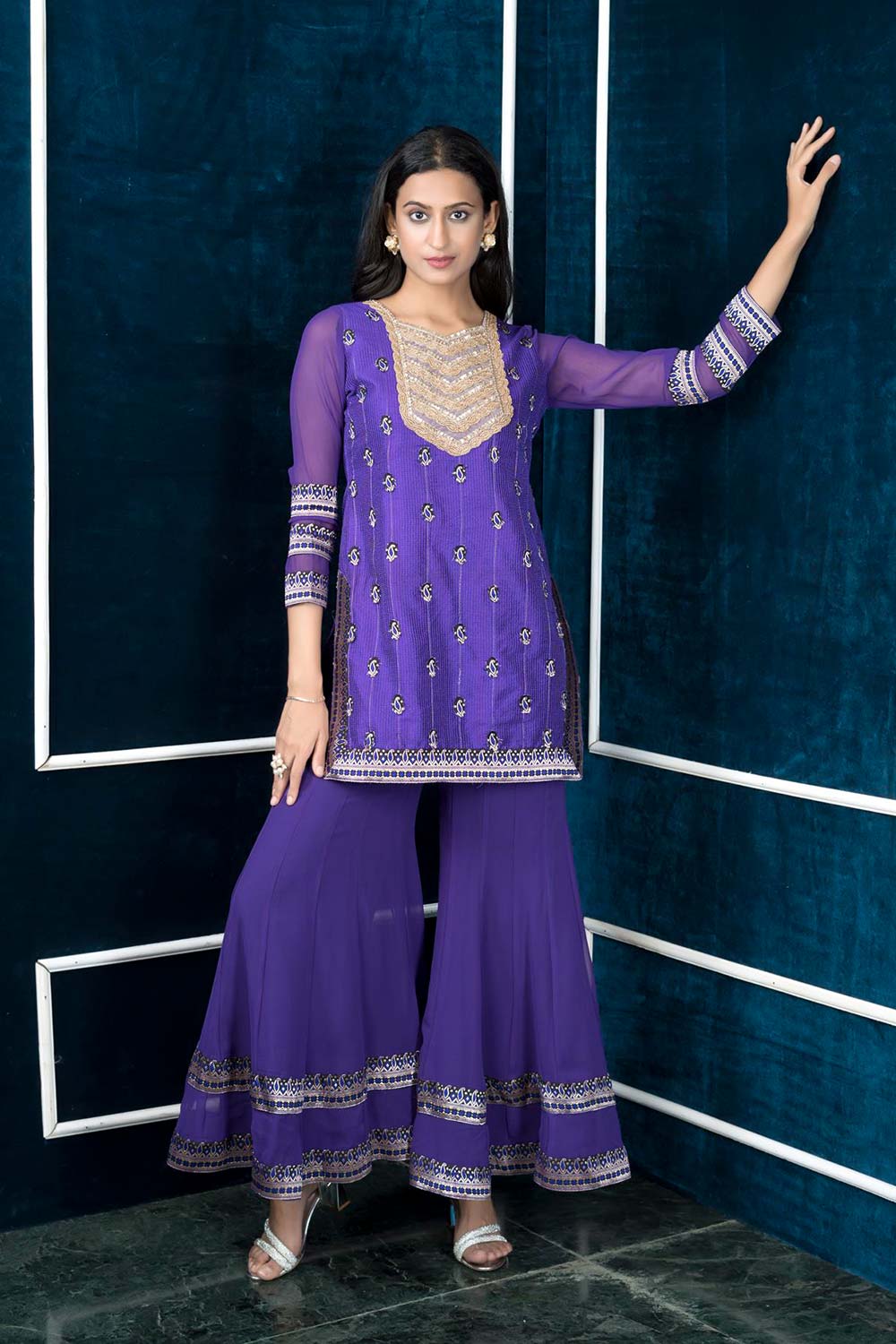 Purple Embroidered Art Silk Straight Cut Kurta