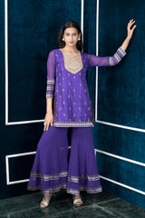 Purple Embroidered Art Silk Straight Cut Kurti