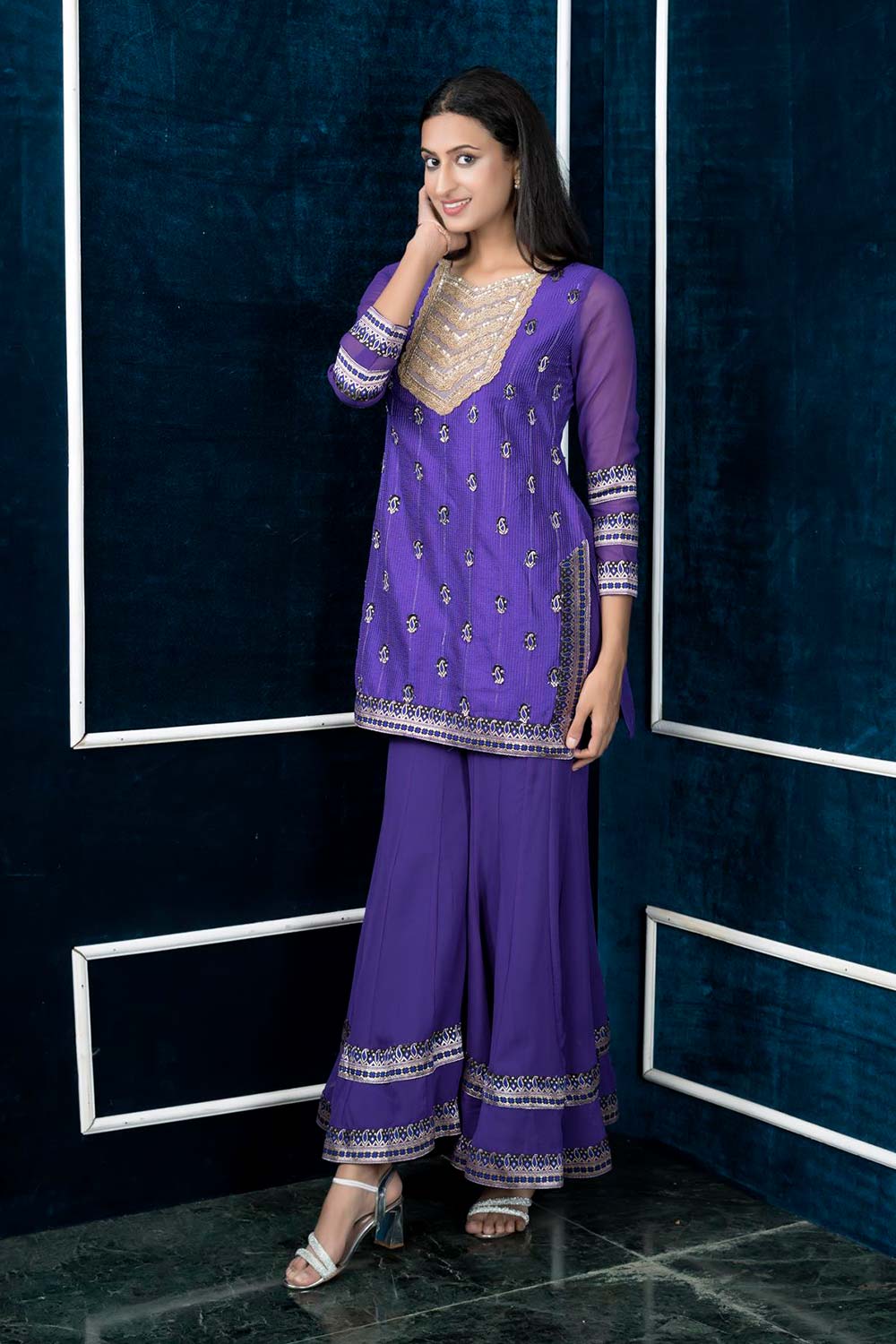 Purple Embroidered Art Silk Straight Cut Kurta