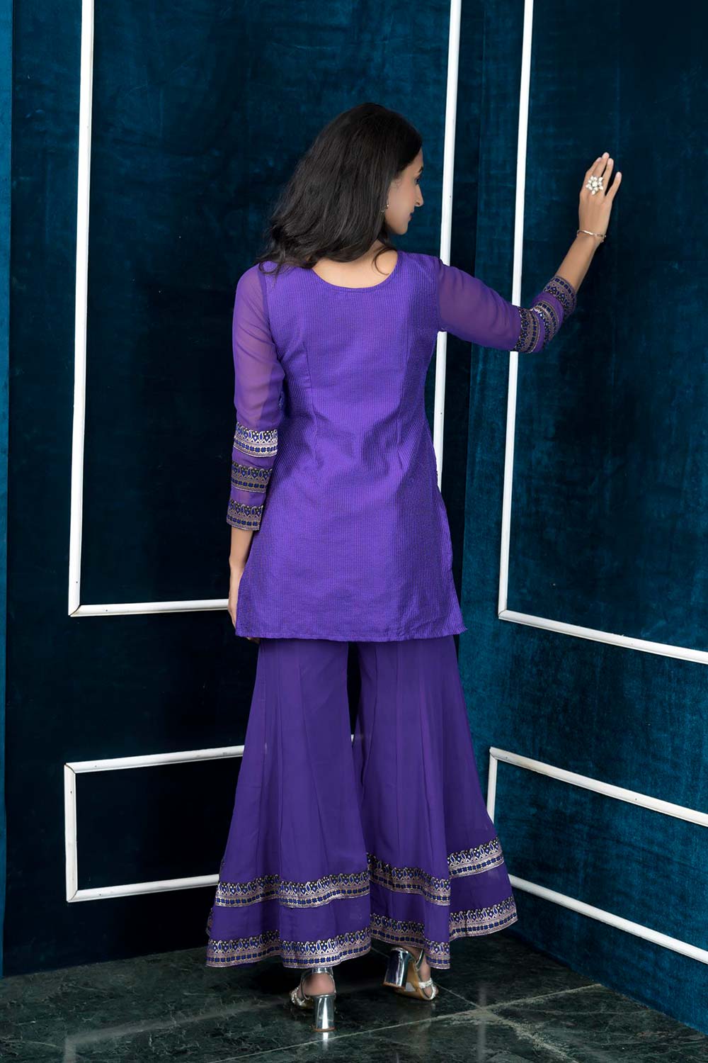 Purple Embroidered Art Silk Straight Cut Kurta