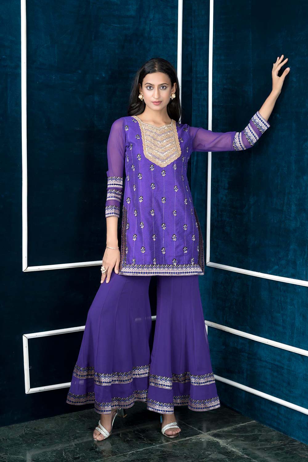 Purple Embroidered Art Silk Straight Cut Kurta Sharara Set