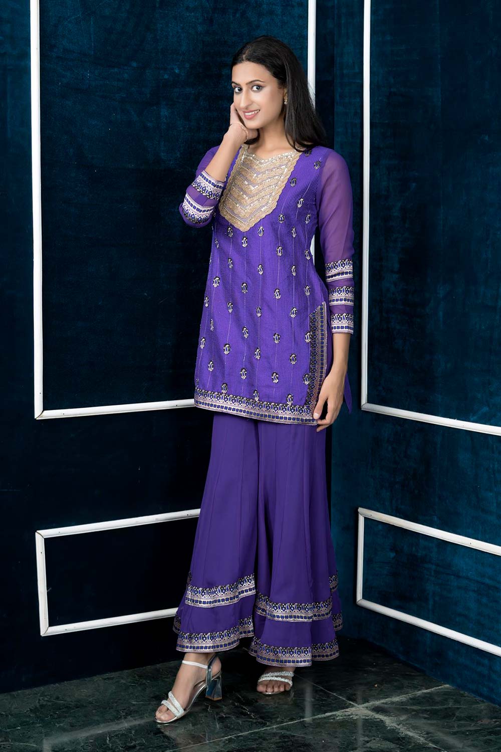 Purple Embroidered Art Silk Straight Cut Kurti Sharara Set