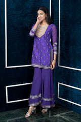 Purple Embroidered Art Silk Straight Cut Kurta Sharara Set