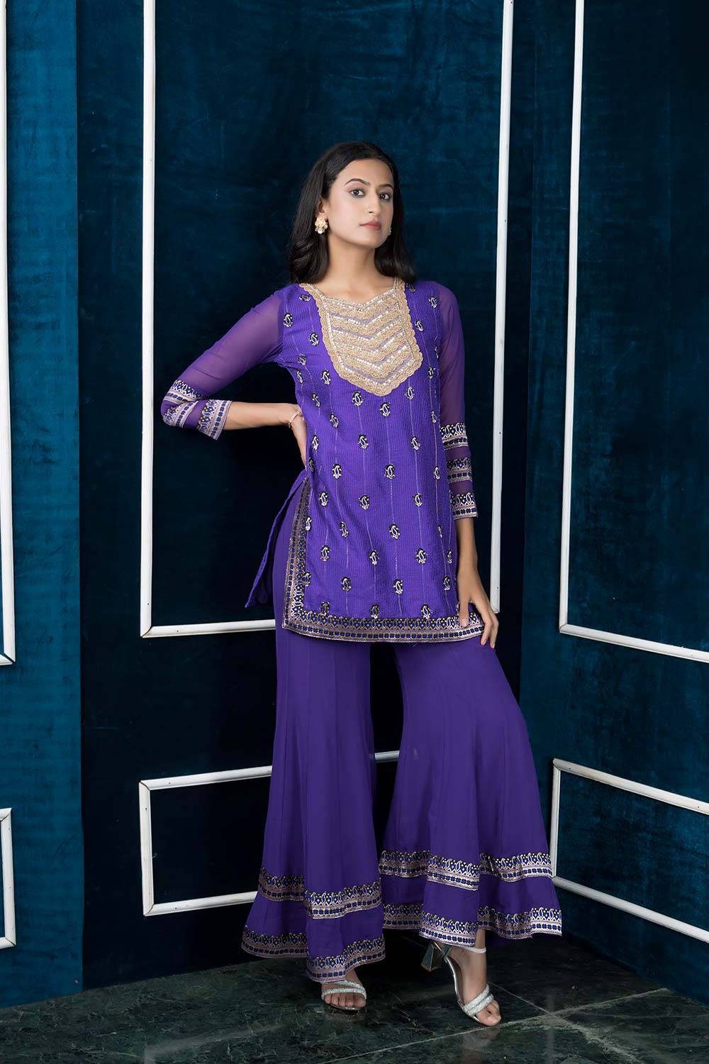 Purple Embroidered Art Silk Straight Cut Kurta Sharara Set