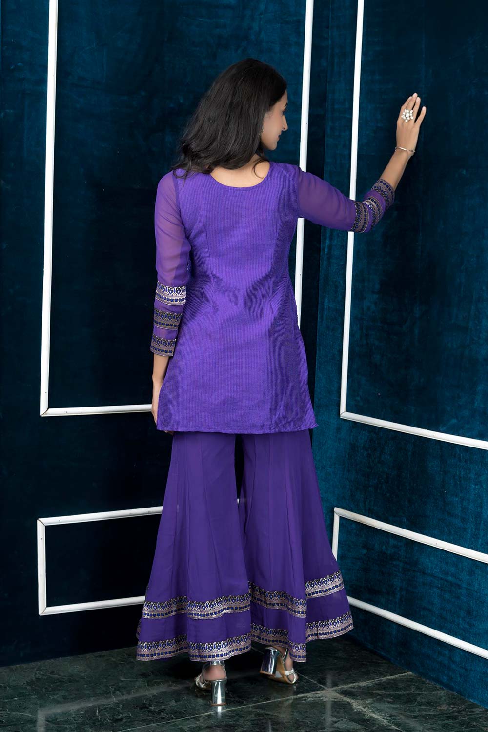 Purple Embroidered Art Silk Straight Cut Kurta Sharara Set