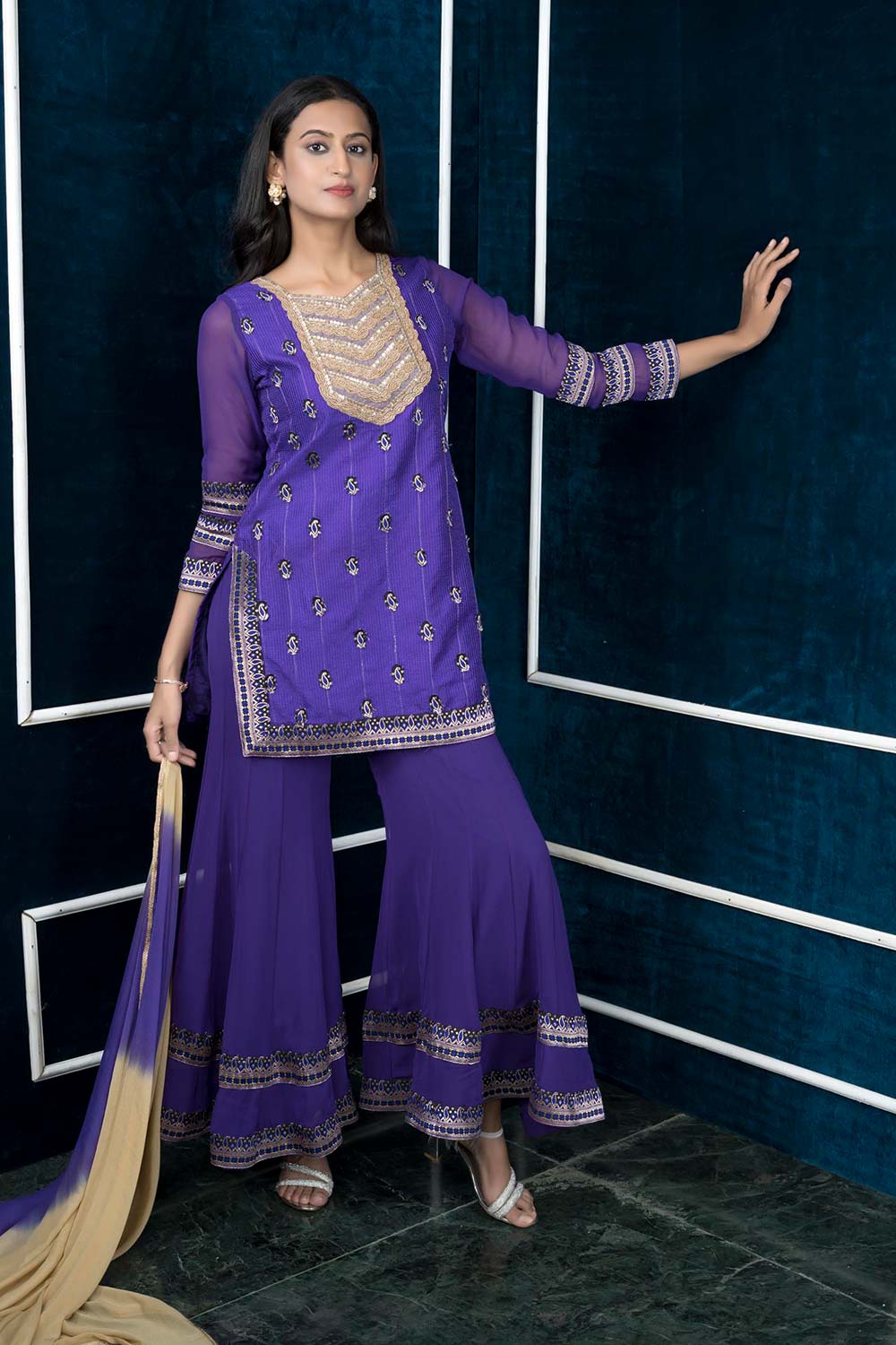 Purple Art Silk Stitched Straight Cut Sharara Kurta Dupatta Readymade Suits