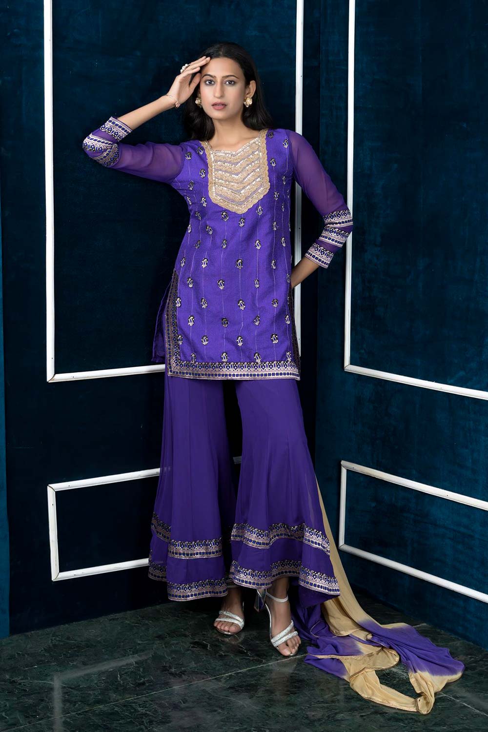 Purple Art Silk Stitched Straight Cut Sharara Kurta Dupatta Readymade Suits