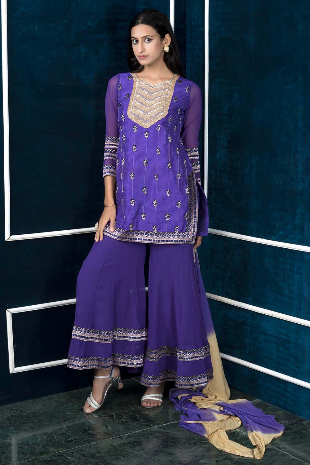 Purple Art Silk Stitched Straight Cut Sharara Kurta Dupatta Readymade Suits